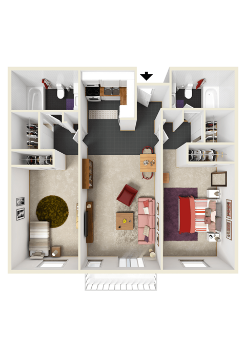Floor plan for 2 beds, 2 baths, 808 sqft